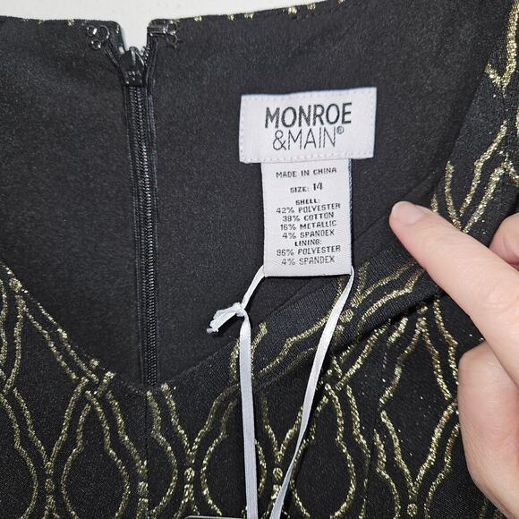 NWT! Black/Gold Sparkle Pleated Stretch A-Line Monroe & Main Midi Dress. Size 14 - Picture 6 of 6